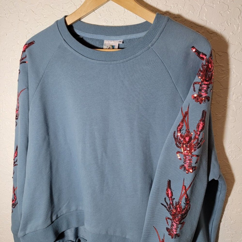 QUEEN OF SPARKLES Dusty Blue Crewneck Sweatshirt with Pink Sequin Lobsters
